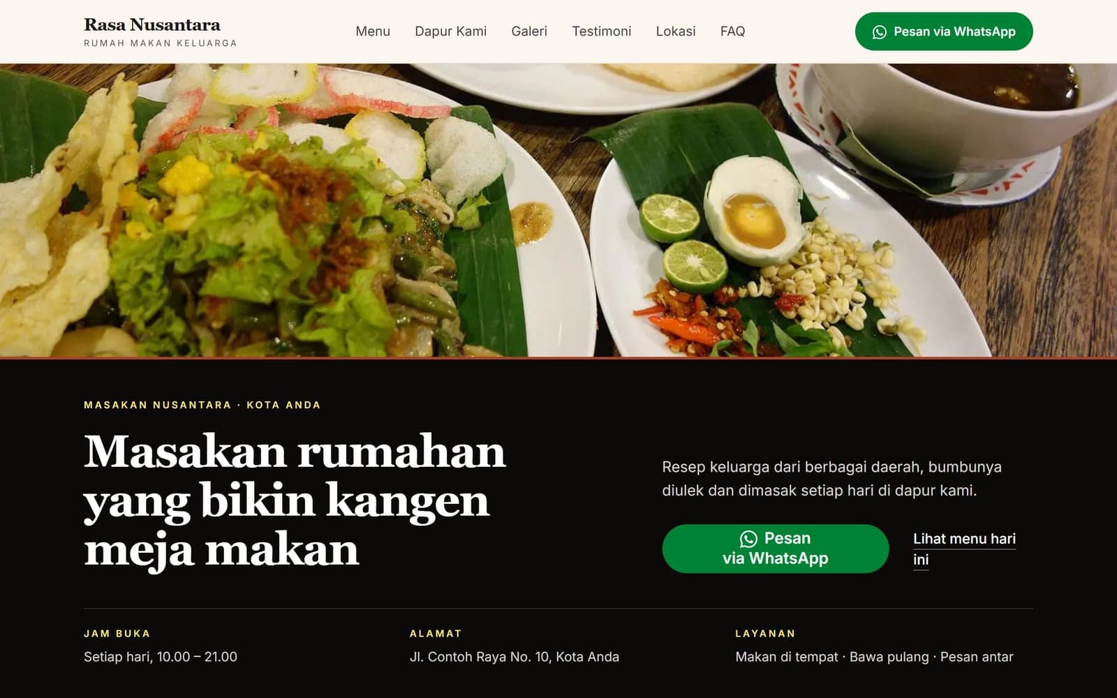Halaman utama contoh website restoran Rasa Nusantara buatan MABRIN
